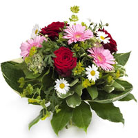 A charming and steady footed bouquet of red roses, pink Gerberas and white daisi...