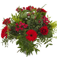 A festival of red roses, Gerbera and Peruvian lilies, beset by cypress sprays an...