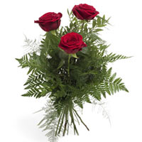 Round, low bouquet with three red roses and a mixture of greens, Gaultheria, Pis...