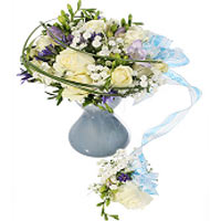A lovely mother and child bouquet to a baby boy with a suitable vase. Made with ...
