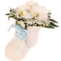 Sweet cream baby shoes with flower decoration. The decoration is made with orchi...