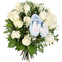 A great maternity bouquet of 20 white roses and lush green, embellished with gor...