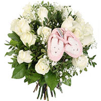 A great maternity bouquet of 20 white roses and lush greenery, decorated with lo...
