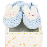 Beautiful crocheted bunny slippers in bright blue from Bunnies By The Bay. Gorge...