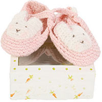 Beautiful crocheted bunny slippers in light pink from Bunnies By The Bay. Gorgeo...