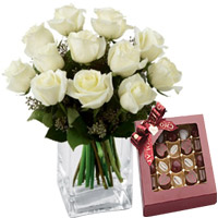 Jewel-Toned Combo of White Roses in a Glass Vase N Small Box of Chocolates