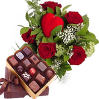 Color-Coordinated Red Rose Bouquet with Box of Chocolate
