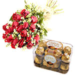   12 Roses Bouquet + Ferrero Rocher Chocolates Box