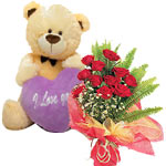  Teddy Bear And 12 Red Roses Bouquet