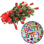 Dozen Red Roses Bouquet With Happy Birthday Balloon