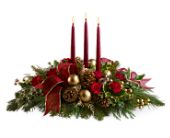 Red miniature carnations, pinecones, golden ornament balls, faux berries and ass...