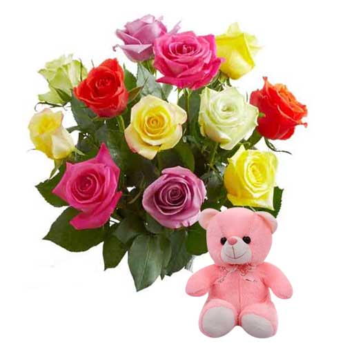 1 dozen multicolor roses w/ bear