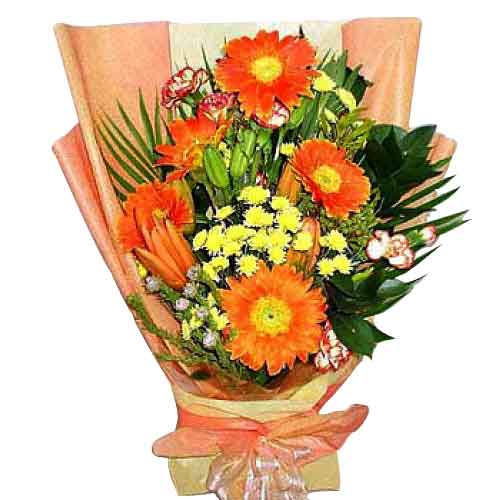 5pcs Orange Gerbera, Lilies, Carnations, Greenery and more arrange in a Bouquet