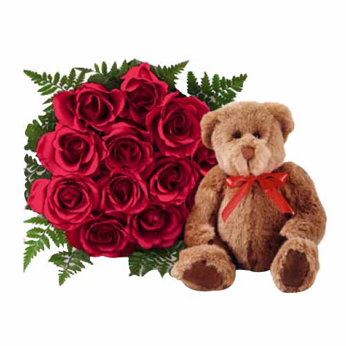12 Red Roses With Bear