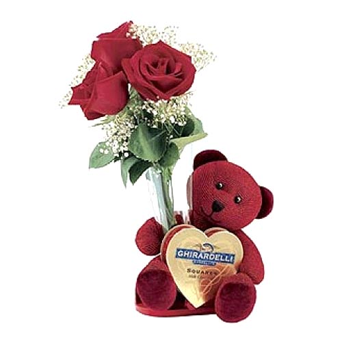 3 Pcs Red Roses with Bear and Chocolate