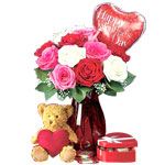 Multicolored roses with teddy bear w/ heart, 1 bal......  to Urdaneta