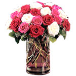 Two dozen of red, white & pink roses in a vase.......  to Urdaneta