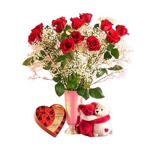 1 Dozen red roses with babys breath in a vase toge......  to Oroquieta