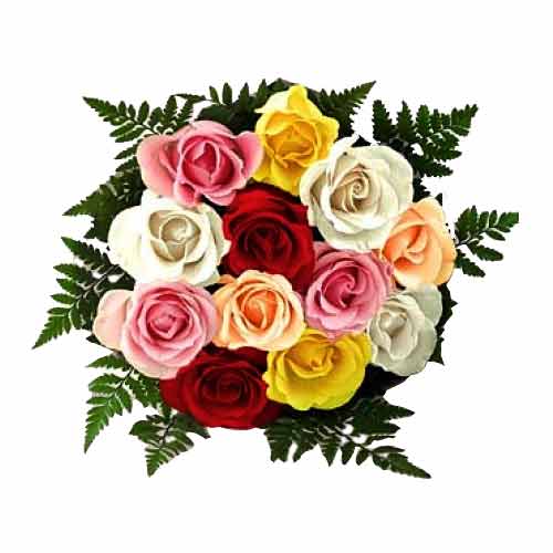 One dozen multi colored roses in a bouquet with fi......  to Passi