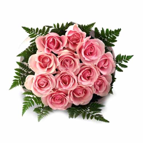 One dozen pink roses in a bouquet.