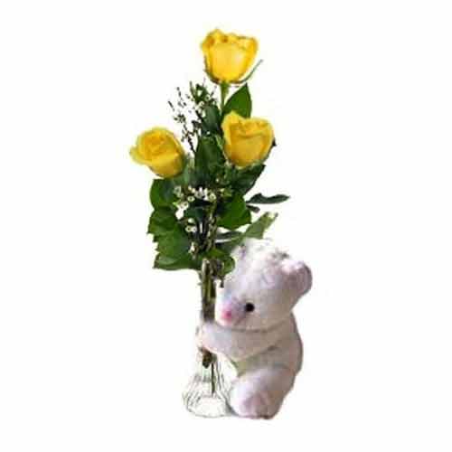 3 pcs yellow roses in a vase w/ bear