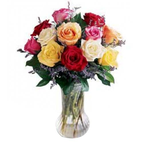 1 Dozen Mixed Color Roses in a glass vase with greens and filler