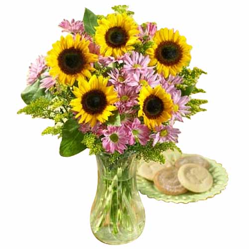 5pcs Sunflower & Pink Malaysian Mums in a Vase......  to Pasig