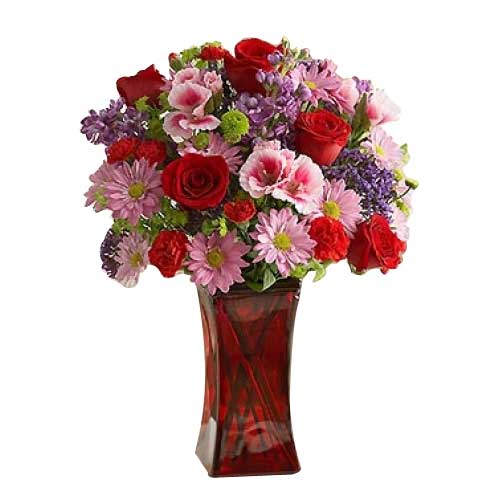 Two Dozen Assorted Flowers in a Vase.<br>- Red Roses & Carnations<br>- Green Pom...