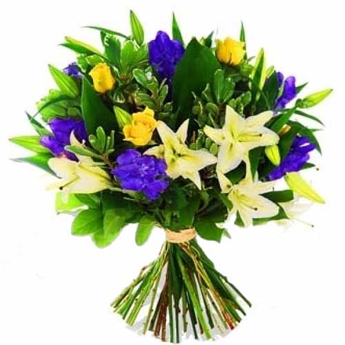 Fresh Mixed Blue & Yellow Flowers in a Bouquet.<br>- Yellow Roses & Lilies<br>- ...