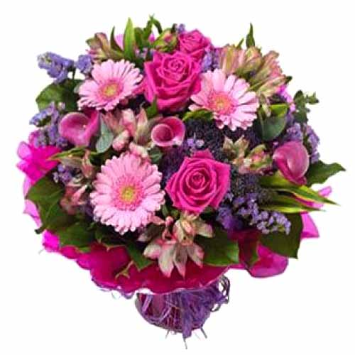 Fresh Mixed Cut Flowers Arrangement Contains Pink Roses, Pink Gerbera and More i...