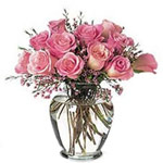 12 Pink Roses in a Glass Vase