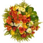 This bouquet uses red alstroemeria (Peruvian lily), green peas dendranthema (chr...