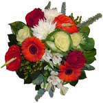 Bouquet made with very special colourful flowers. Made with red roses, red trans...