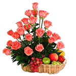 Breathtaking Basket of Garden-Fresh Fruits and Beautiful 12 Red Roses Arrangement