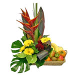 Colorful Basket of Tropical Fruits and Flowers
