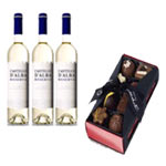 A Party of Three White Wine Bottles with Large Chocolate Box
