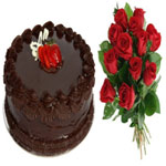Ever Lasting Love and Friendship Gift of Rich and Dark Chocolate Cake and 12 Red Roses in a Box