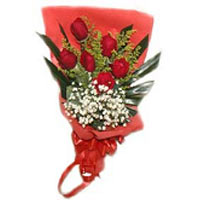 5 red roses and hypericum bouquet , a bunch of flowers Spring-Summer relaxed, li...