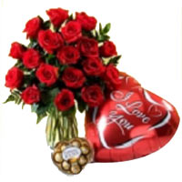 Bouquet of 17 red roses, chocolates and balloon , a gift so romantic and sweet, ...