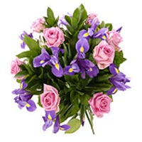 Bouquet of Pink Roses and Blue Iris