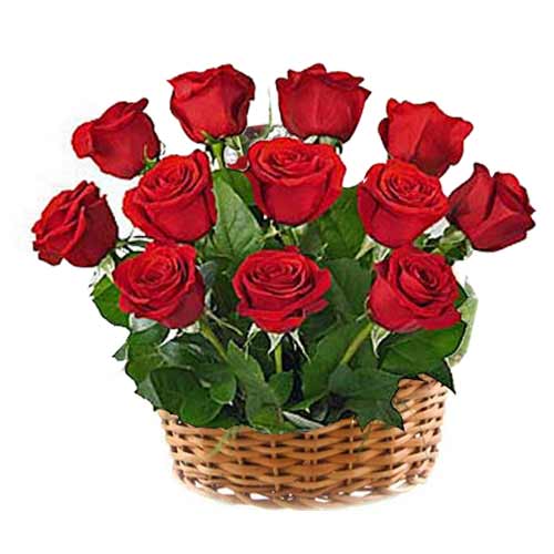 Striking Valentine Special Twelve Red Roses Basket