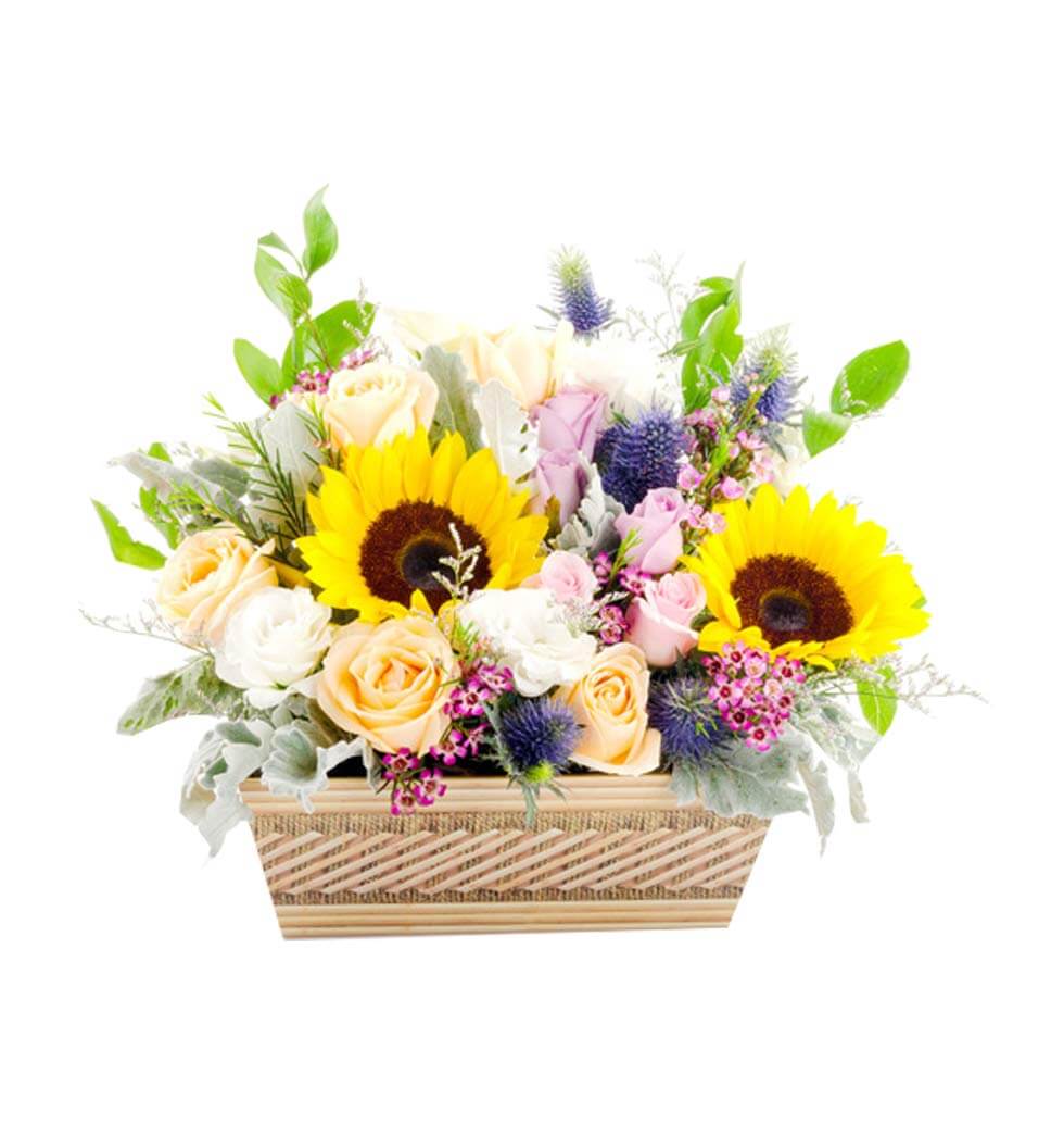 Send this arrangement of sunflowers, roses, and go...