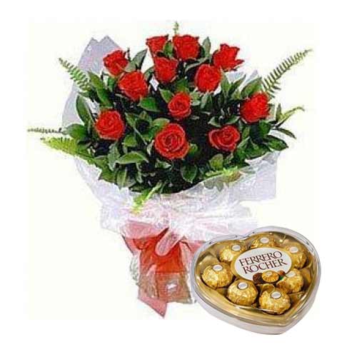 Spectacular 12 Red Roses Bouquet with Mouthwatering Ferrero Rocher Chocolates