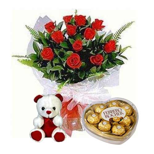 Pretty Combo of Roses, Teddy and Ferrero Rocher on Valentines Day