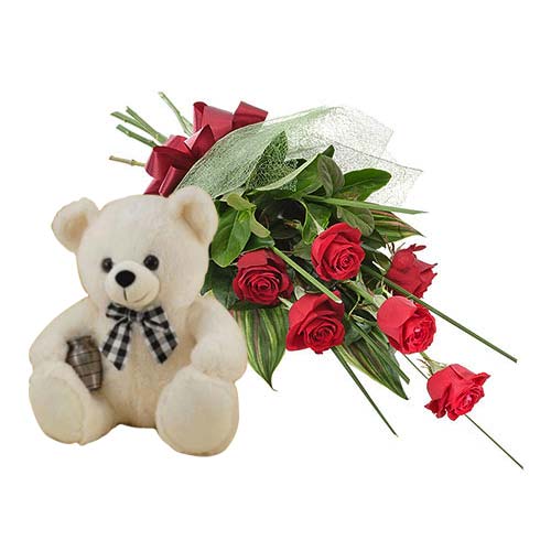 Cherished Collection of 6 Red Roses with Cute Teddy for Someone Special on Valentines Day