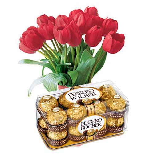 Tender Valentine Special 12 Red Tulips with Ferrero Rocher Chocolate Box