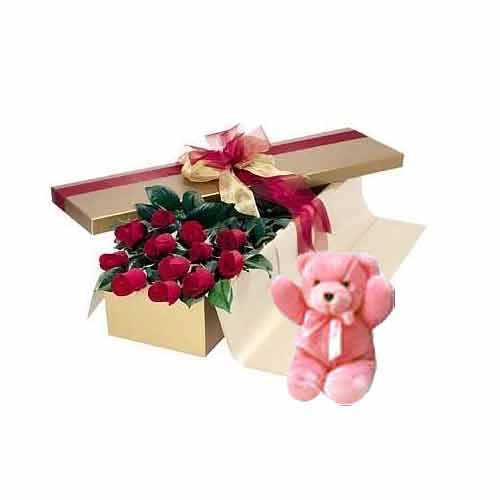 Gift someone you love this Spectacular Combo Box with Roses and Teddy Bear to st...