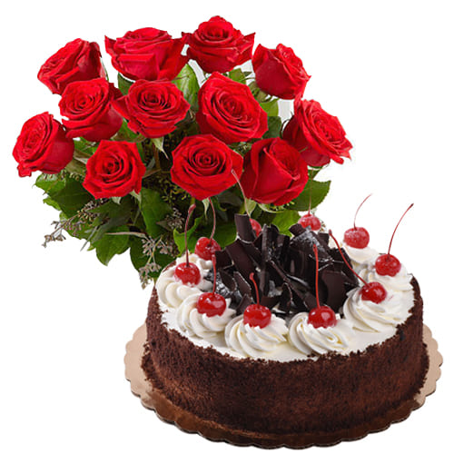 Send to your loved ones, this Delicate Black Forest Cake and Roses which is an u...