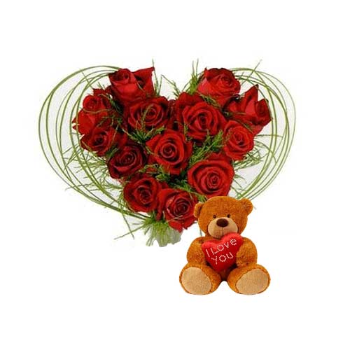 Glorious 12 Roses in Heart Shaped Arrangement with Cute Teddy for Someone Special