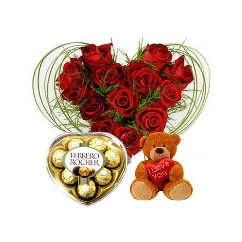 Attractive Valentines Gift of Roses with Teddy and Ferrero Rocher